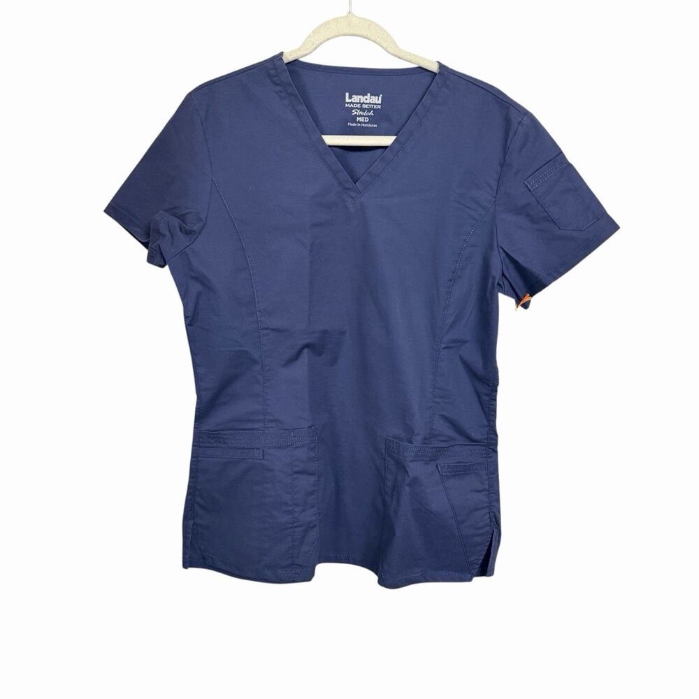 Landau Made Better Womens M Navy Blue Scrub Top V Neck Short Sleeves Pockets NWT